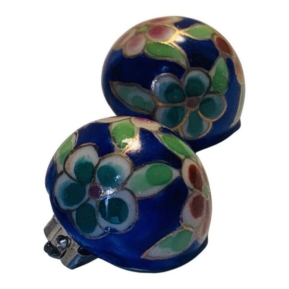Womens Blue Cloisonné Enamel Flower Porcelain Button Vintage Clip On Earrings 1” - Picture 4 of 9